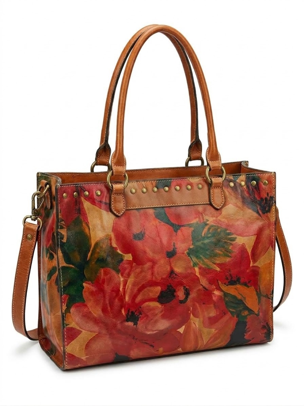 Patricia Nash Red Floral Leather Tote with Tan Trim